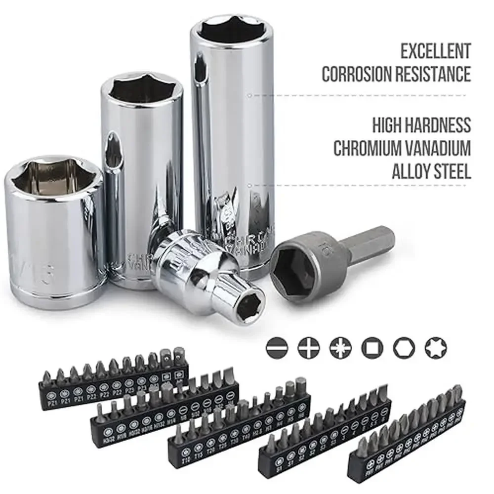 201-Piece Chrome Vanadium Steel Mechanic's Tool Socket Set with Case Storage Box Nuts Bolts Metric SAE Screwdriver Bits Hex Keys