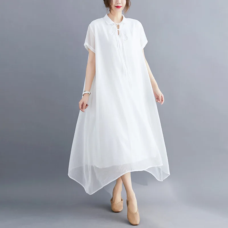 

Plus Size Polo Neck Midi Dress Women Short Sleeve Loose Vestidos Dress Woman Casual Vintage Dresses Female Summer