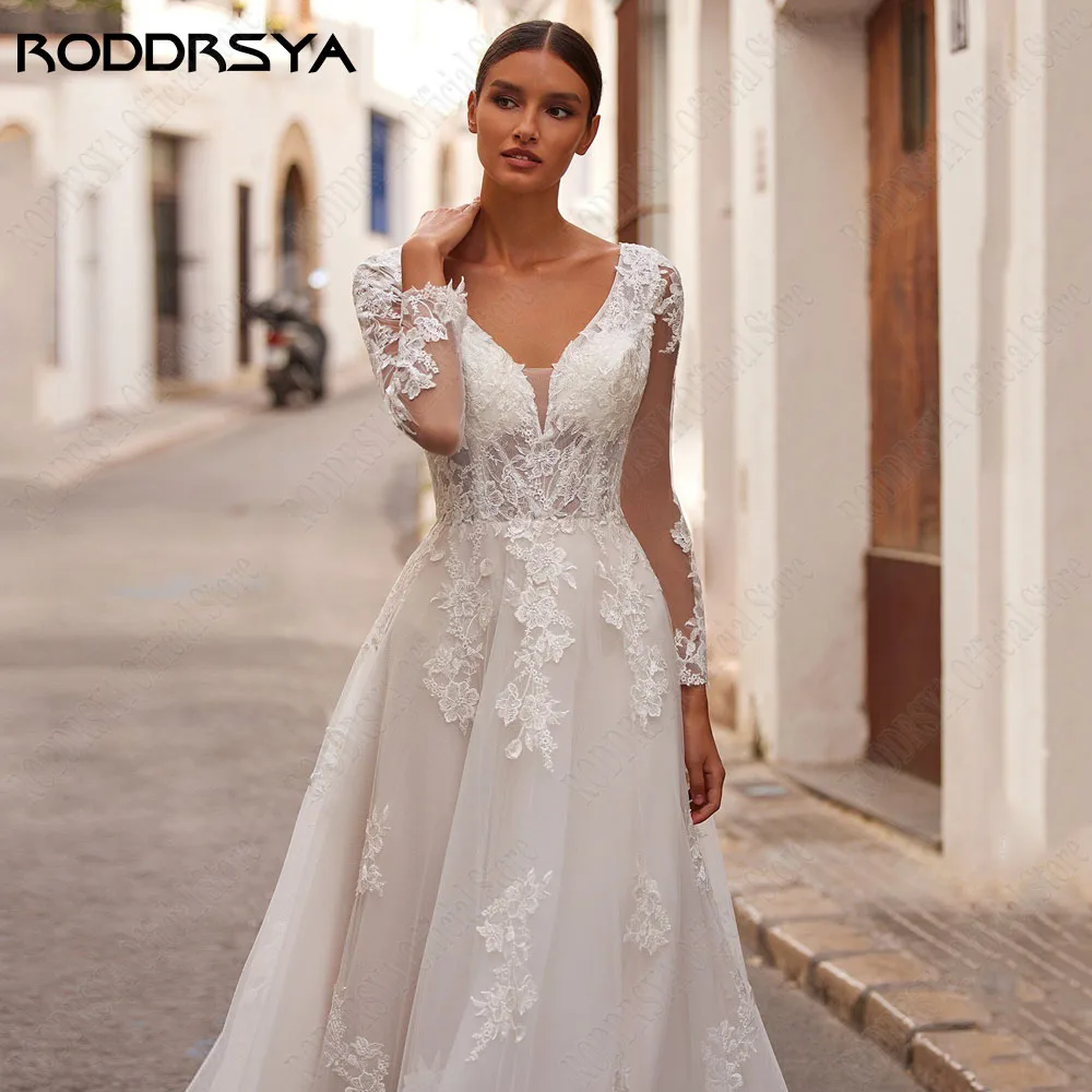 RODDRSYA abiti da sposa senza schienale con scollo a v pizzo maniche lunghe Applique Tulle a-line abiti da sposa abiti su misura De NoviaRODRSYA V-Neck Backless Abiti da sposa Pizzo Maniche Lunghe Applique Tulle A-Line