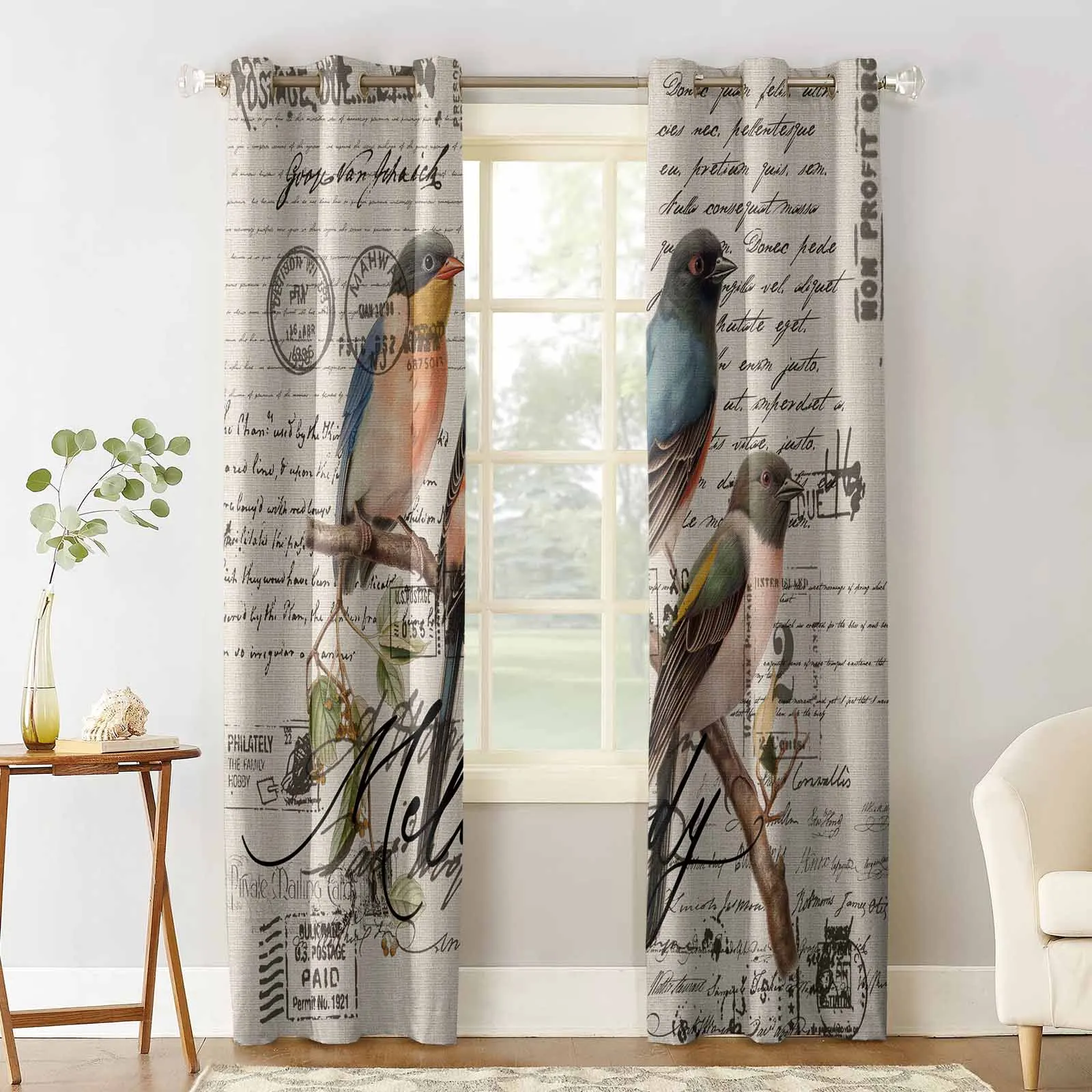 Vintage Bird Hand Drawn Envelope Curtains for Living Room Window Decoration Curtains in Home Kitchen Luxury Bedroom Drapes