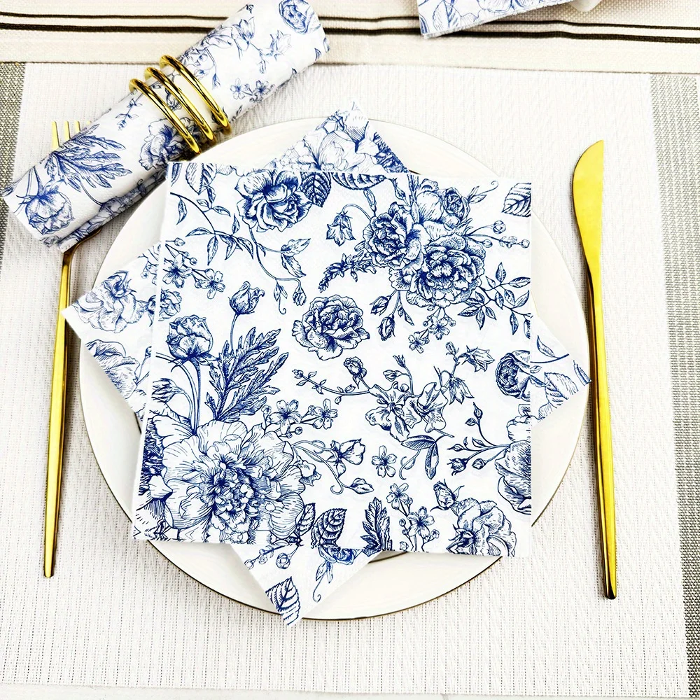 Servilletas florales para bebidas y cócteles, papel desechable azul y blanco, servilleta de postre con flores de primavera para boda, vacaciones, fiesta de cumpleaños