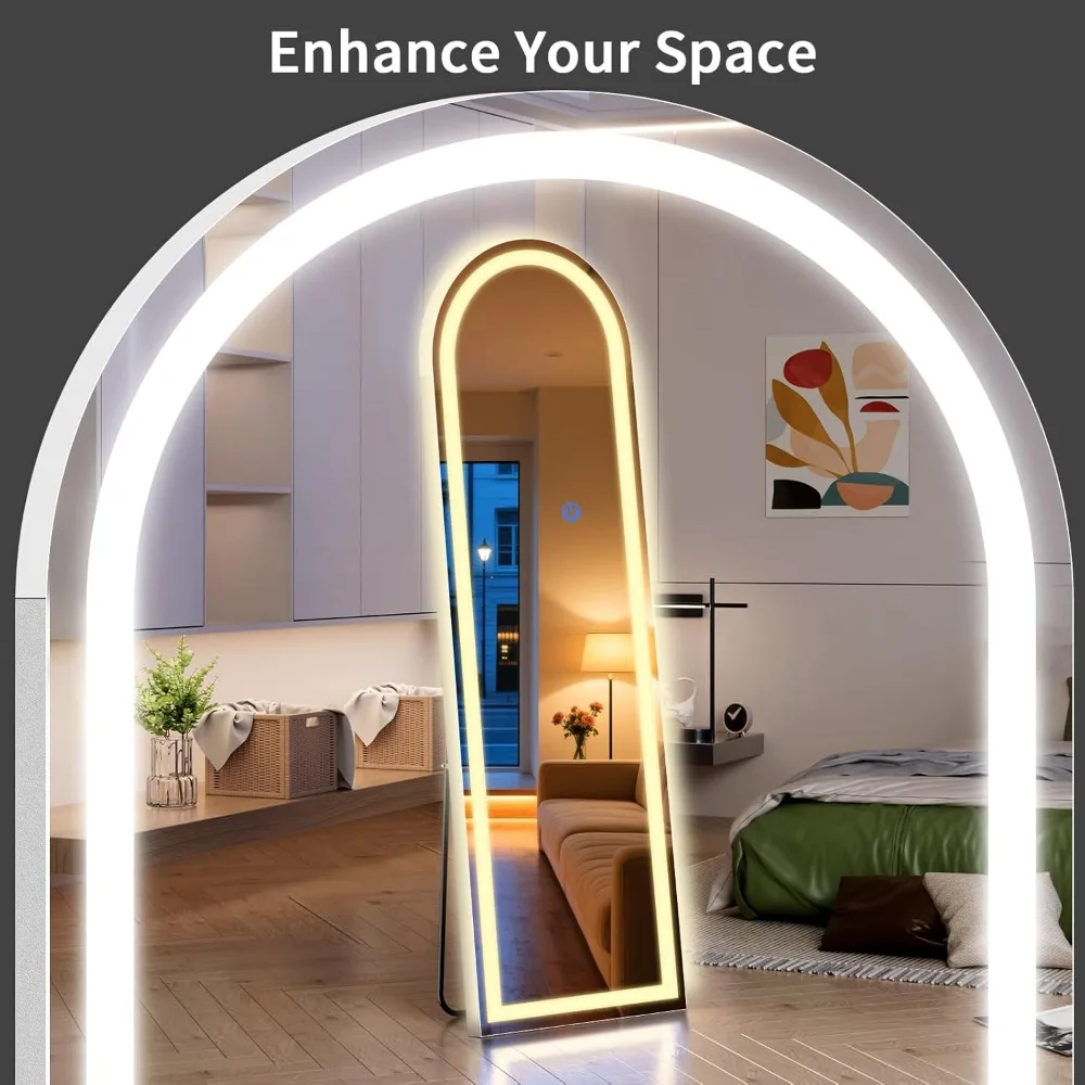 Specchio da terra a figura intera illuminato a LED, 63" x 20", luminosità regolabile, 3 opzioni di colore, specchio alto per la casa