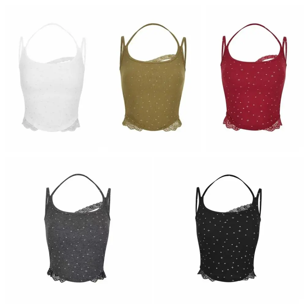 Koreańskie kropki, cienki top na ramiączkach, asymetryczna koszulka na ramiączkach z wkładkami, koronkowy bezrękawnik, obcisły krótki top Y2K na imprezę