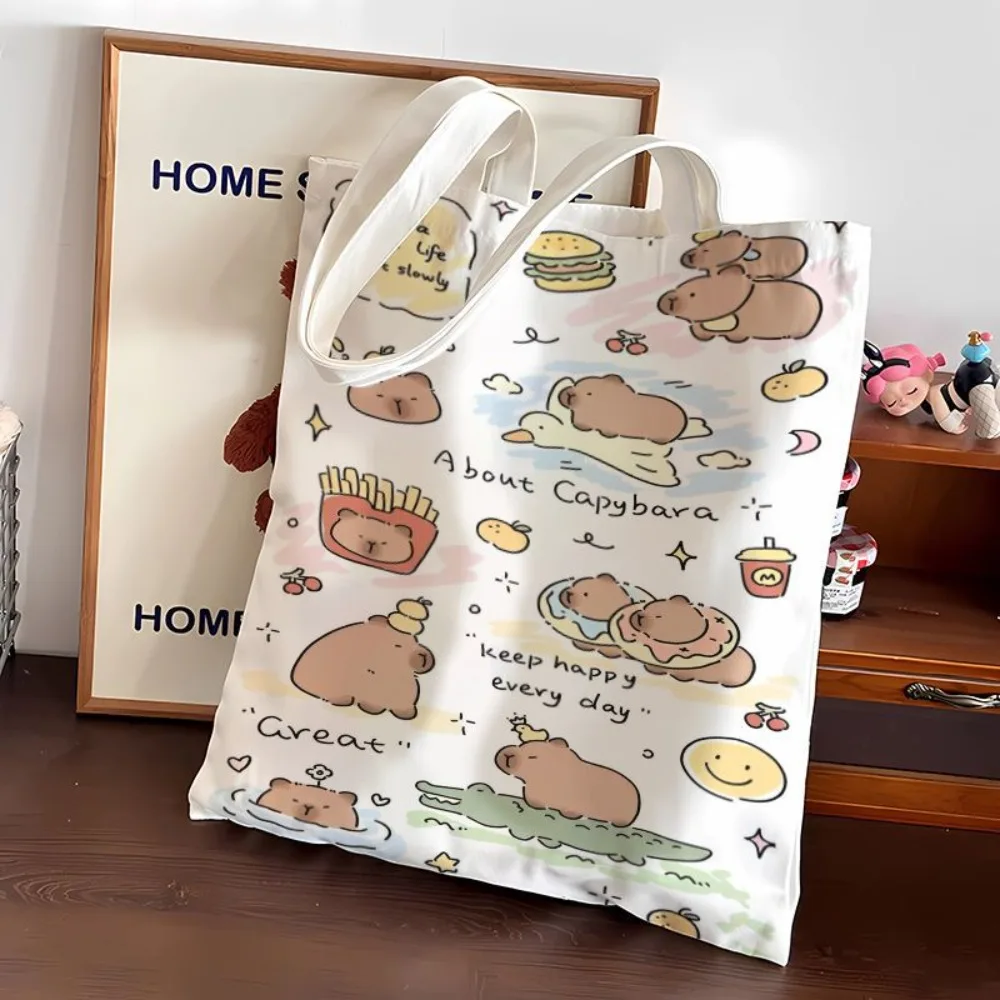 Large Capacity Capybara Canvas Bags Cute Lightweight Casual Handbag Cartoon Patterns Shopping Bag Student Document Bag