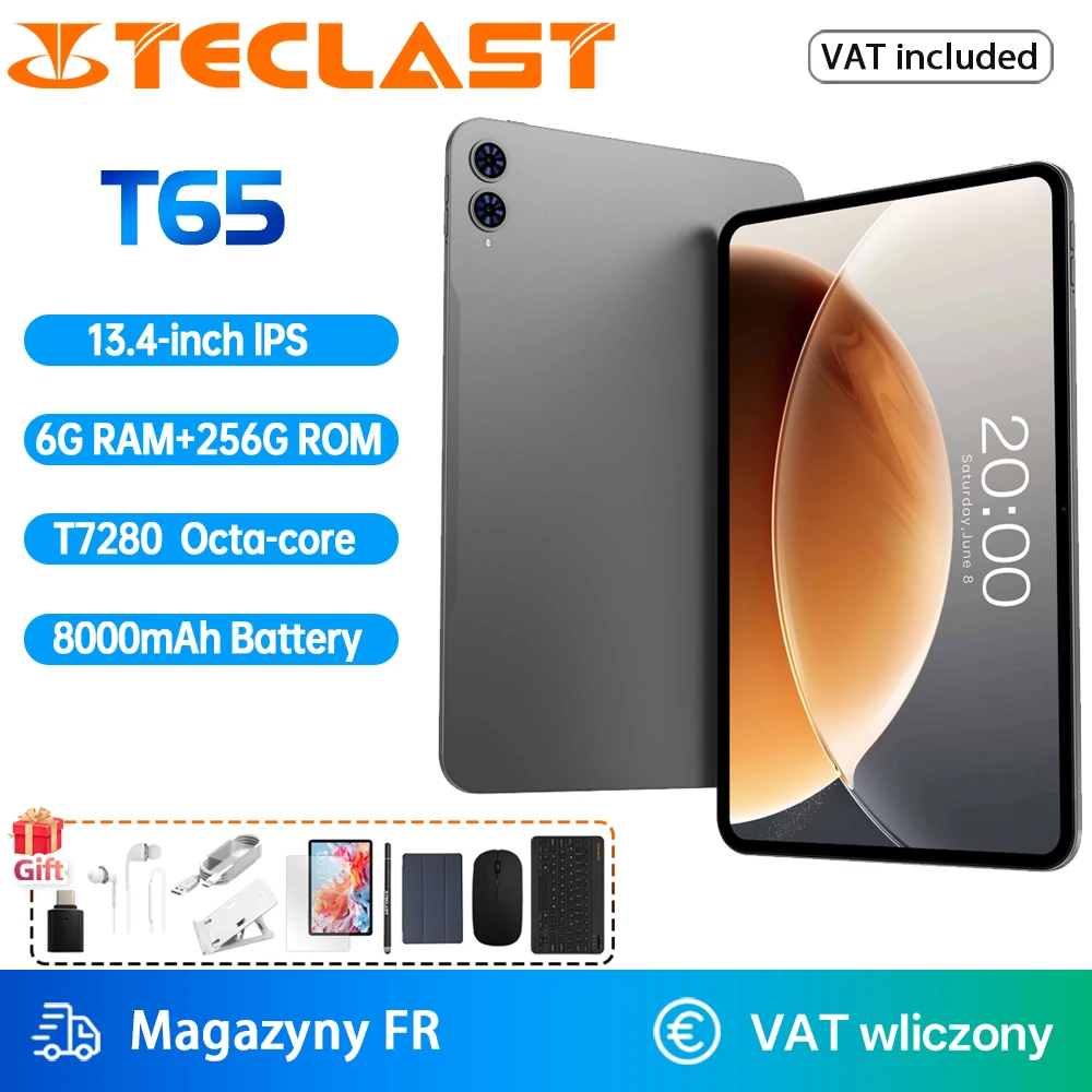 Teclast T65 Tablet 13,4 inch Android 16 1920X1200 120Hz scherm T7280 8-Core 26GB RAM (6GB+20GB) 256GB ROM 4G LTE GPS 8000mAh Type-C