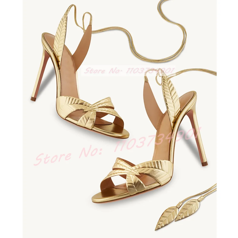 Gold Leaf Classy Ankle Strap Sandals Women Trendy Lace Up Round Toe Thin High Heels Shoes Feminine Shiny Leather Bare Heel Shoes