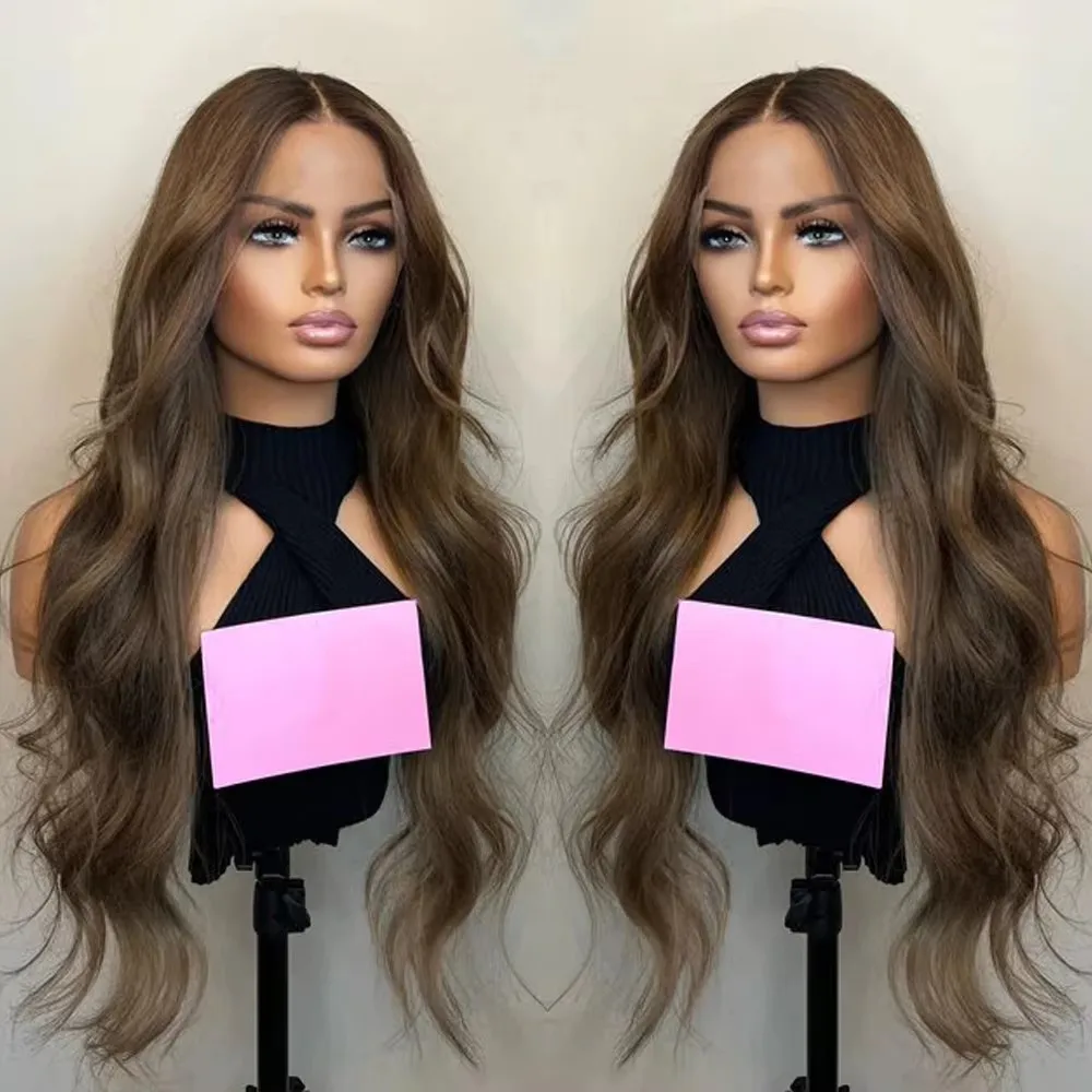 MXWIGS Synthetic Wig Toffee Brown Body Wave  Long Straight  Hairline Lace Front Wigs Makeup Cosplay Women Heat Resistant Fiber