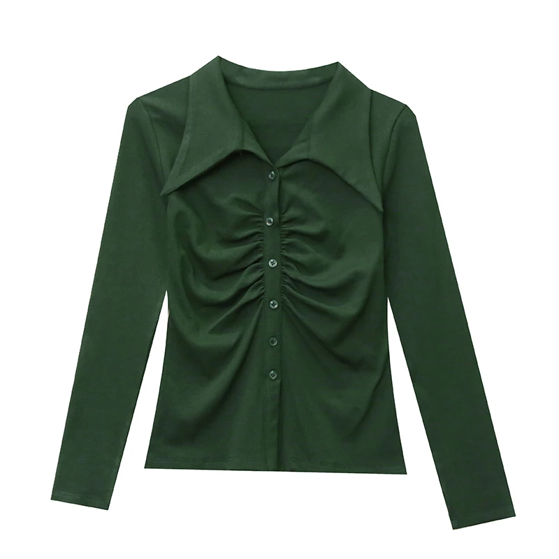 2024 New Fall Winter European Clothes T-Shirt Chic Sexy Draped High Quality Button Blouse Women Tops Long Sleeve Tees 311044