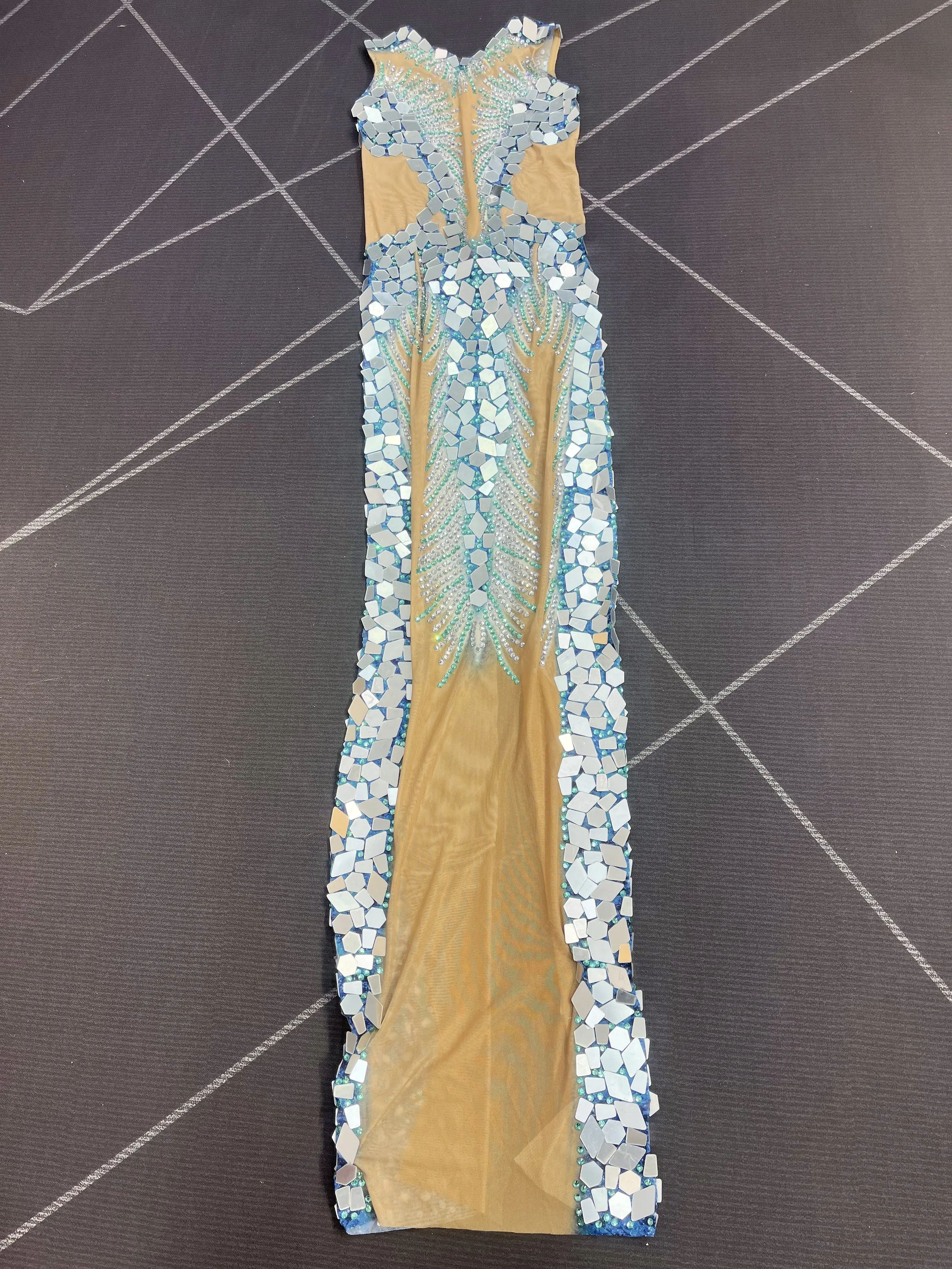 Nieuwe Shining Spiegels Steentjes Transparante Mesh Lange Avondjurk Vrouwen Cocktail party Jurk Rode loper Show Outfit Shuilanhua