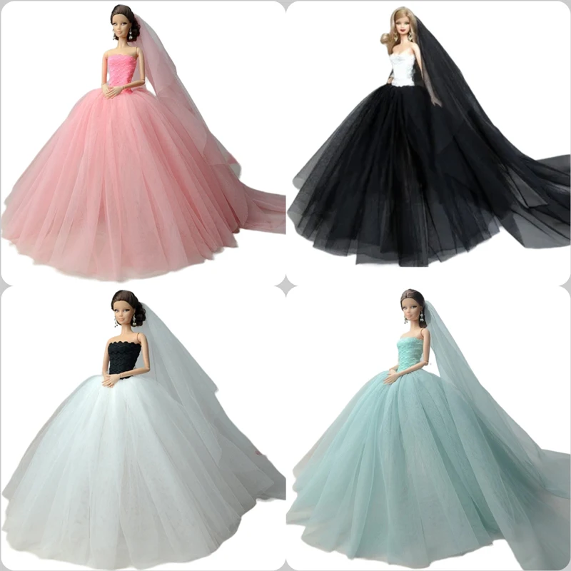 Doll Dresses Long Tail Evening Gown Wedding Dress +Veil for Barbie Doll Accessories