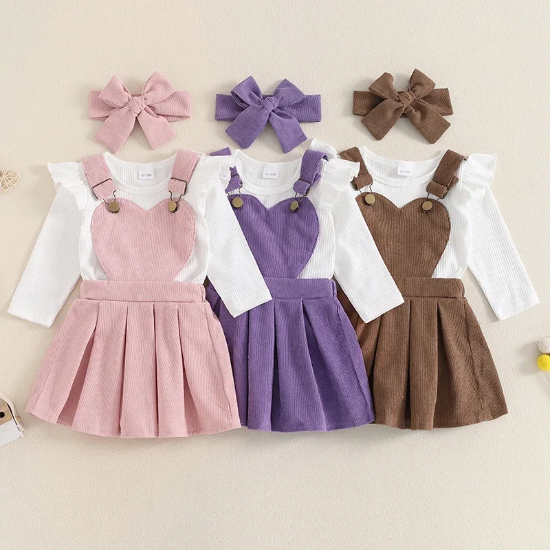 Spring Autumn Newborn Baby Girls Clothing Sets Solid Ribbed Long Sleeve Rompers with Heart Suspender Pleated Dress+Headband