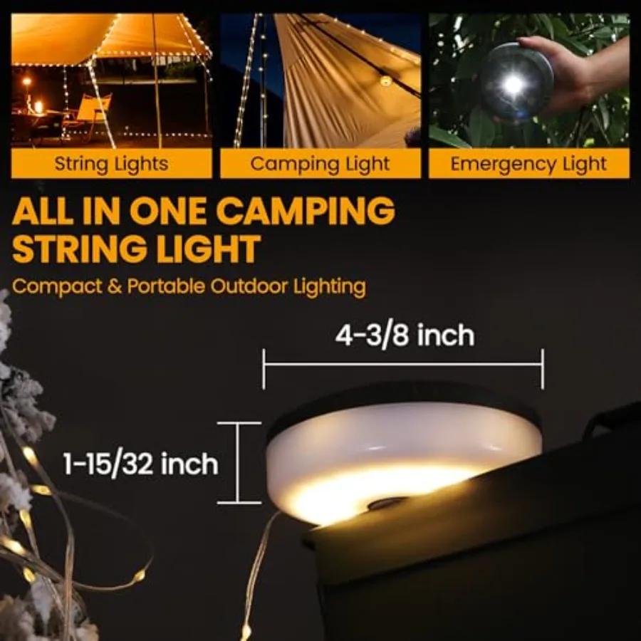 Camping String Lights Rechargeable LED Camping Lamp, 29.5FT Outdoor Tent Lights 8 Lighting Modes, USB Charging RGB Modes Hangin