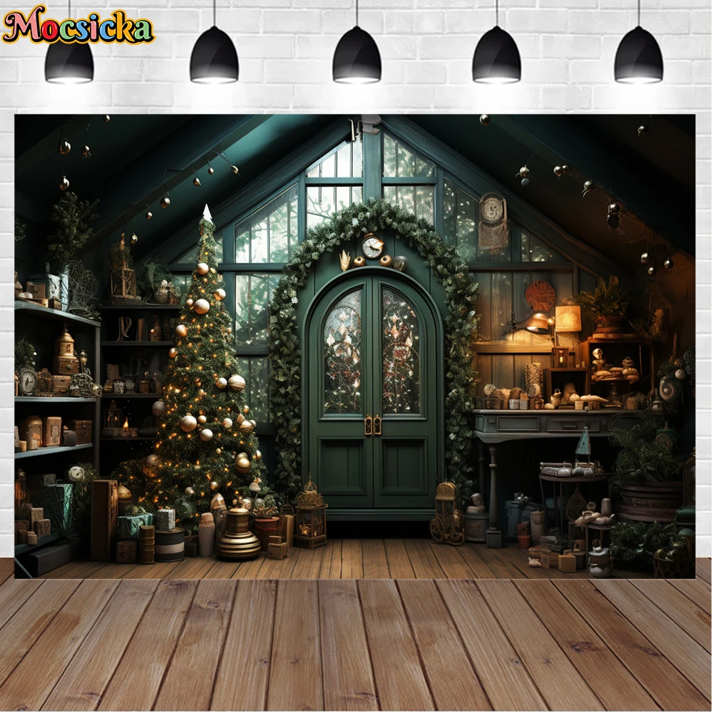 모시카 겨울 크리스마스 사진 배경, 크리스마스 트리 다락방, 홀리데이 파티, 어린이 가족 초상화 사진 배경 스튜디오