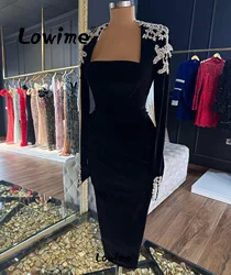 ﻿ Black Velvet Long Sleeves Evening Dress Ankle Length Square Neck Crystals Formal Party Dress For Women Abendkleider Prom Gowns