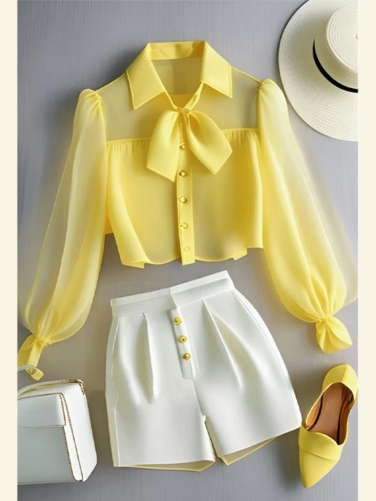 Chiffon Yellow Lapel Neck Perspective Top OL Shirt White Casual Pants Sets 2 Piece Womens Outfits Spring Summer Suit Blouse