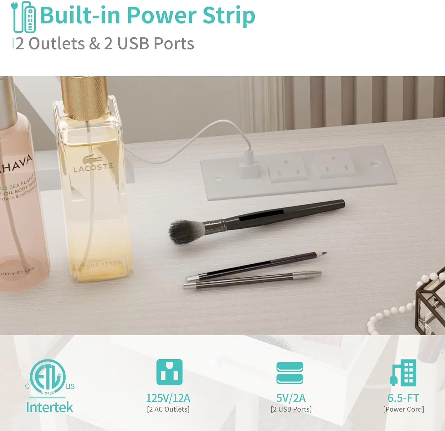 مكتب زينة أبيض مقاس 32 بوصة مع مرآة LED وأدراج قماشية ومخرج طاقة - طقم طاولة وكرسي لغرفة نوم الفتيات