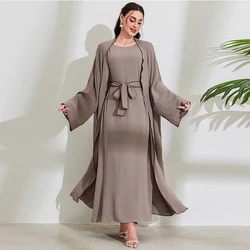 Vendita calda 2 pezzi Abaya abito Hijab senza maniche abbinato set musulmani pianura aperto Abaya donne Dubai turchia abbigliamento islamico africano