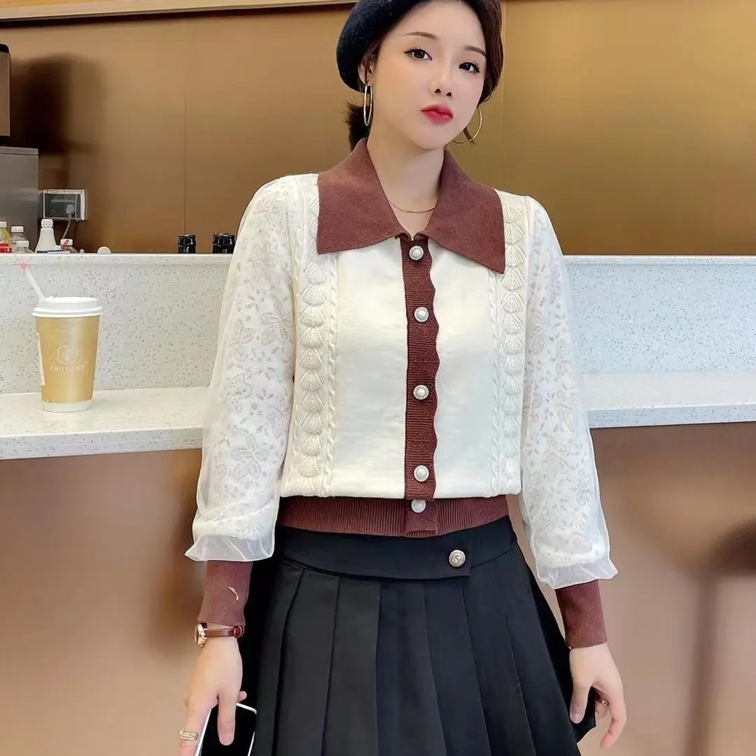 Camisola de malha feminina pullovers nova manga longa gola boneca retalhos camisola de malha pulôver feminino topos sueters de mujer q1179