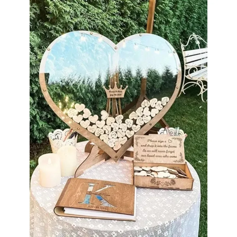 Heart Wedding Guest Book 3D Engraved Guest Drop Box Wooden Hearts Guestbook Welcome Card Signature Book Party Table Decoration