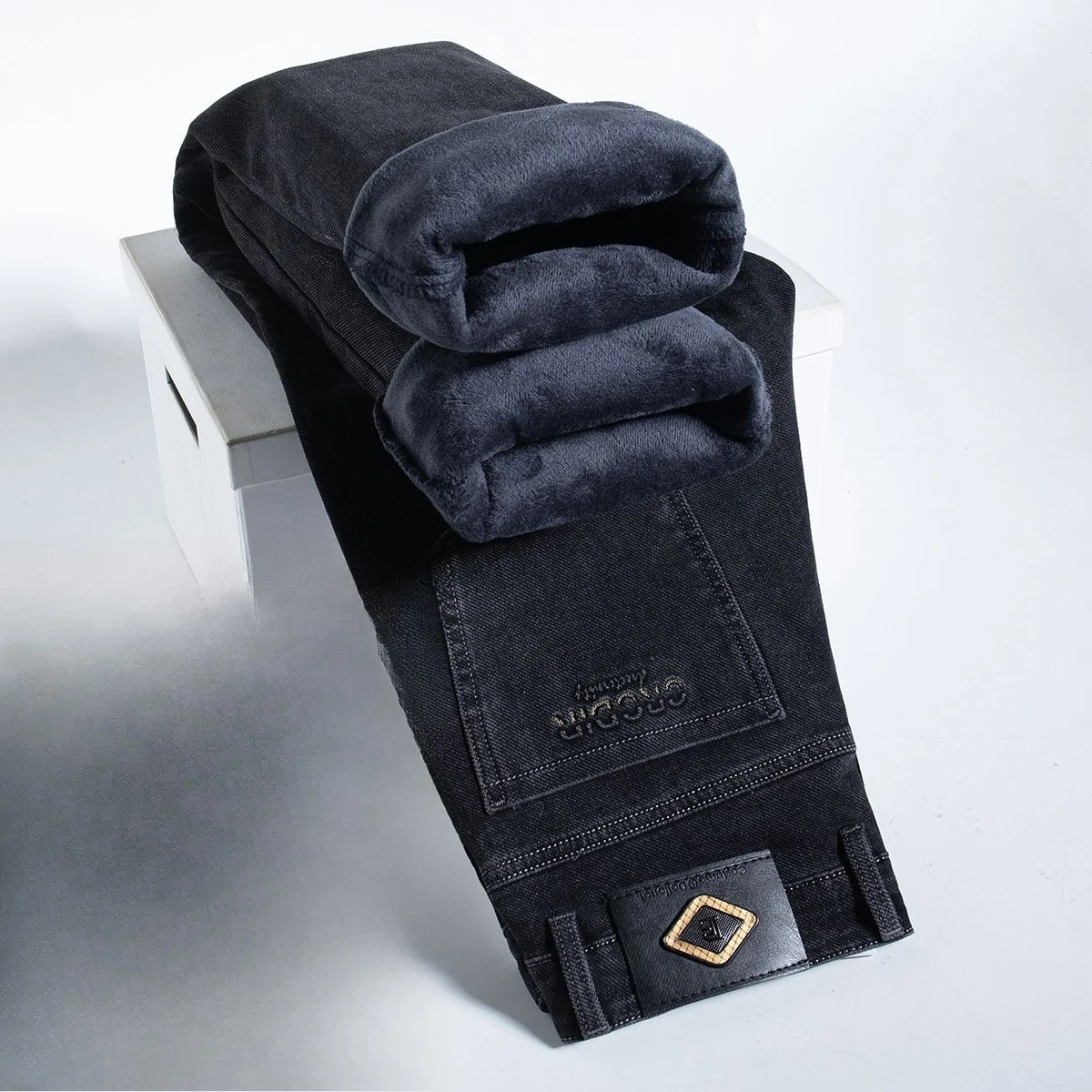 خريف شتاء جديد مرونة عالية رجال الأعمال الجينز الضباب أزرق أسود رمادي سراويل جينز الرجال السراويل ملابس العمل العلامة التجارية #2