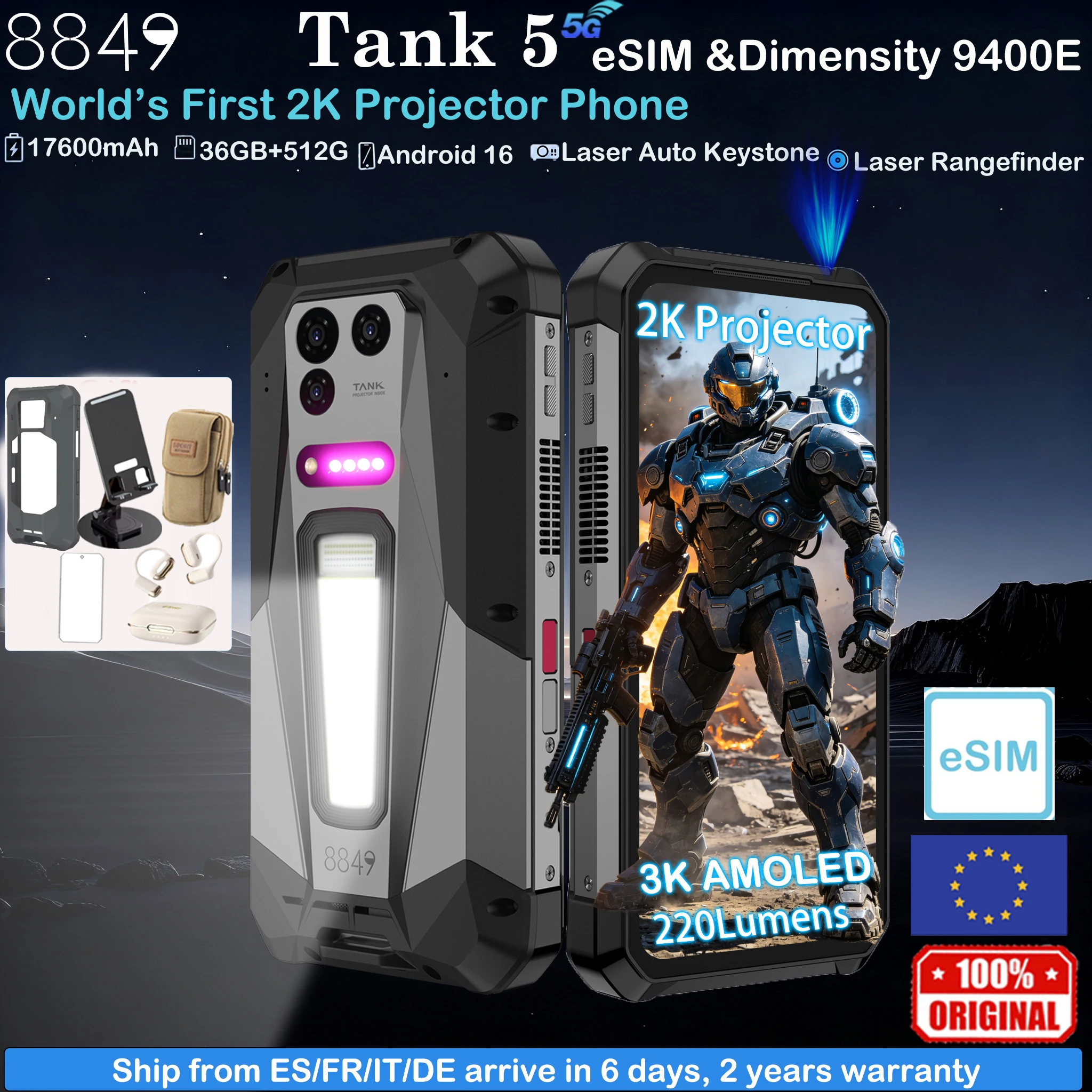 8849 Tank 5 Unihertz Smartphone Robusto Con Proiettore 2K Esim Dimensity 9400E 3K Amoled Android 16 Proiettore 220 Lumen 17600Mah 18GB+512GB 5G Wifi 7 2026 Smartphone-image