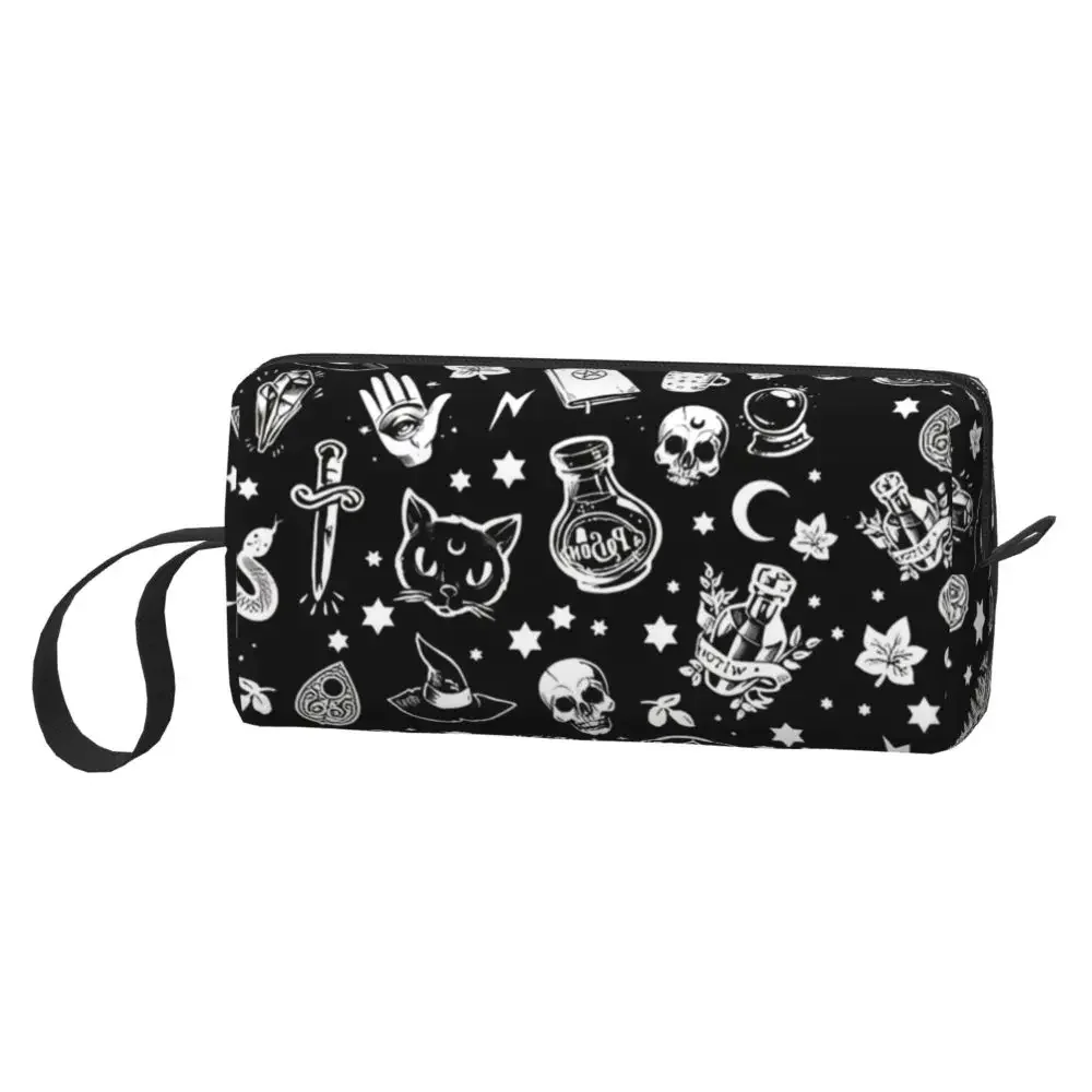 Witch Cat Pattern Large Makeup Bag Zipper Pouch Travel Cosmetic Bags Halloween Occult Gothic Magic Storage Bag for Women