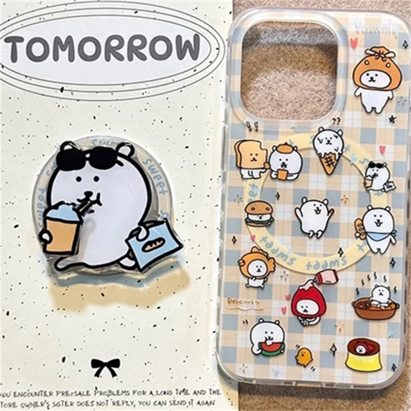Magnetic checkered white Little Bear illustration phone case with magnetic bracket for iPhone 11 12 13 14 15 16 17 Pro mx