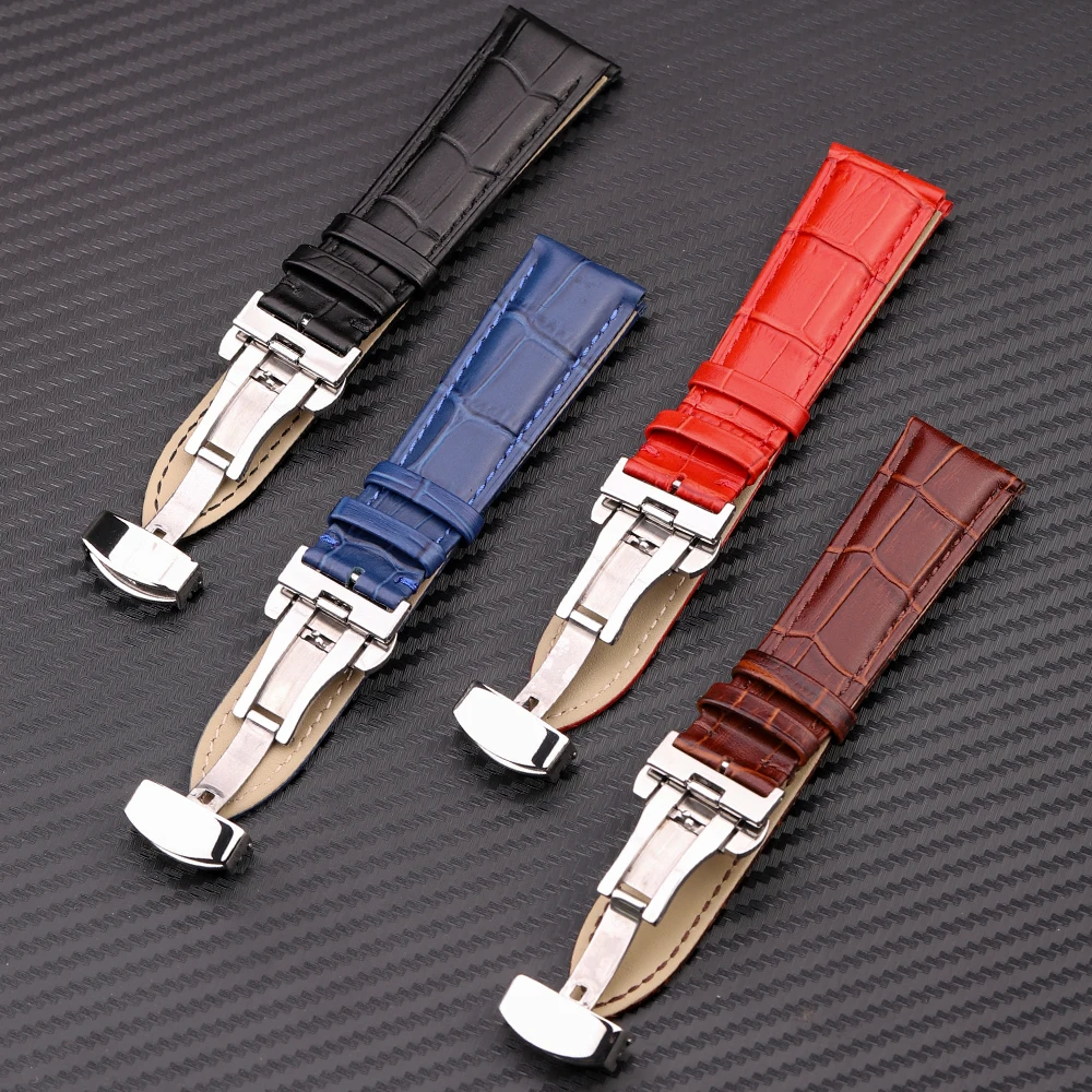 Premium Calfskin Leather Watchband Butterfly Clasp 18 19 20 21 22 24mm Blue Black Red Brown Business-Class Replacement Strap