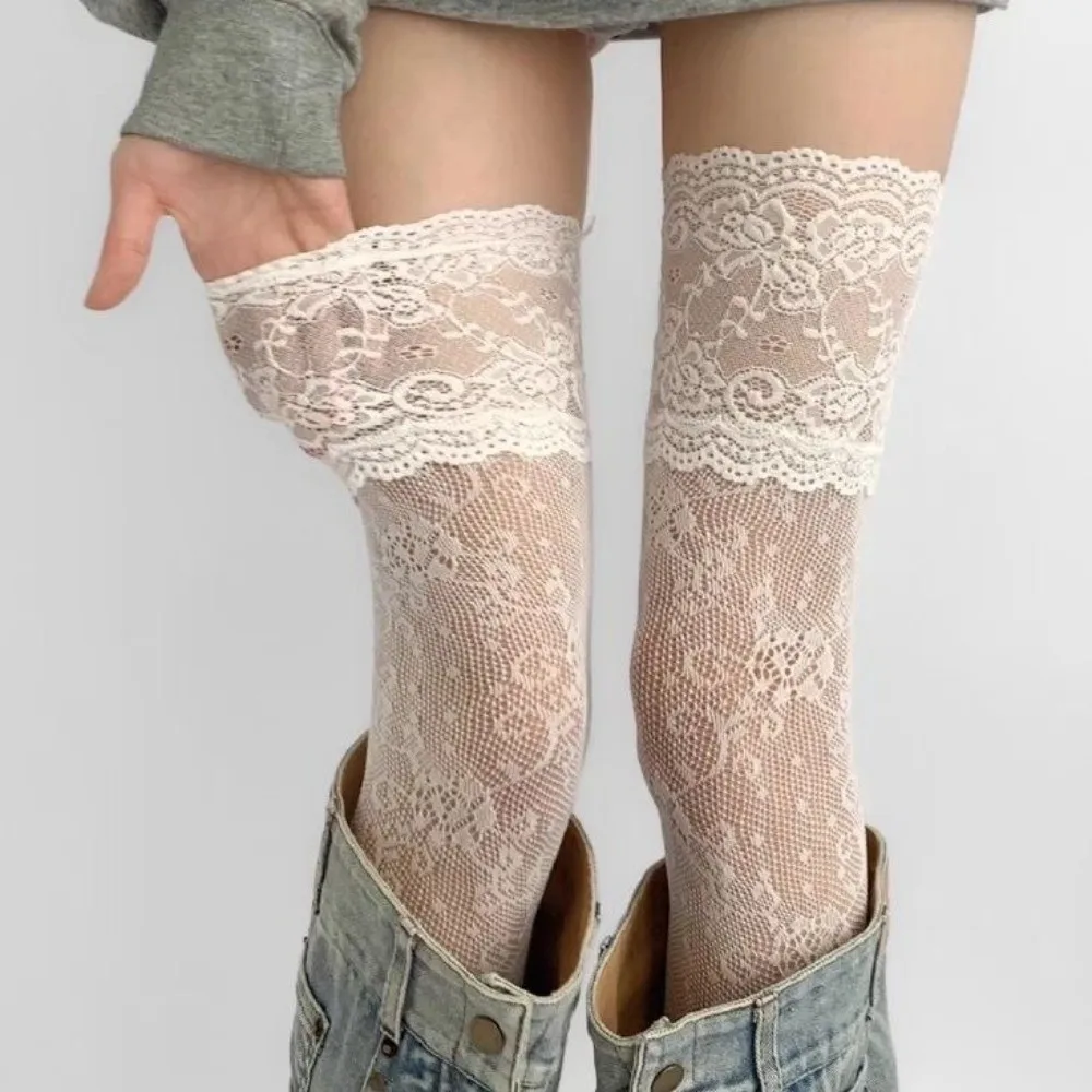 New Sexy Middle Tube Socks Nylon Fishnet Lace Trim Hosiery Retro Floral Compression Socks Gift