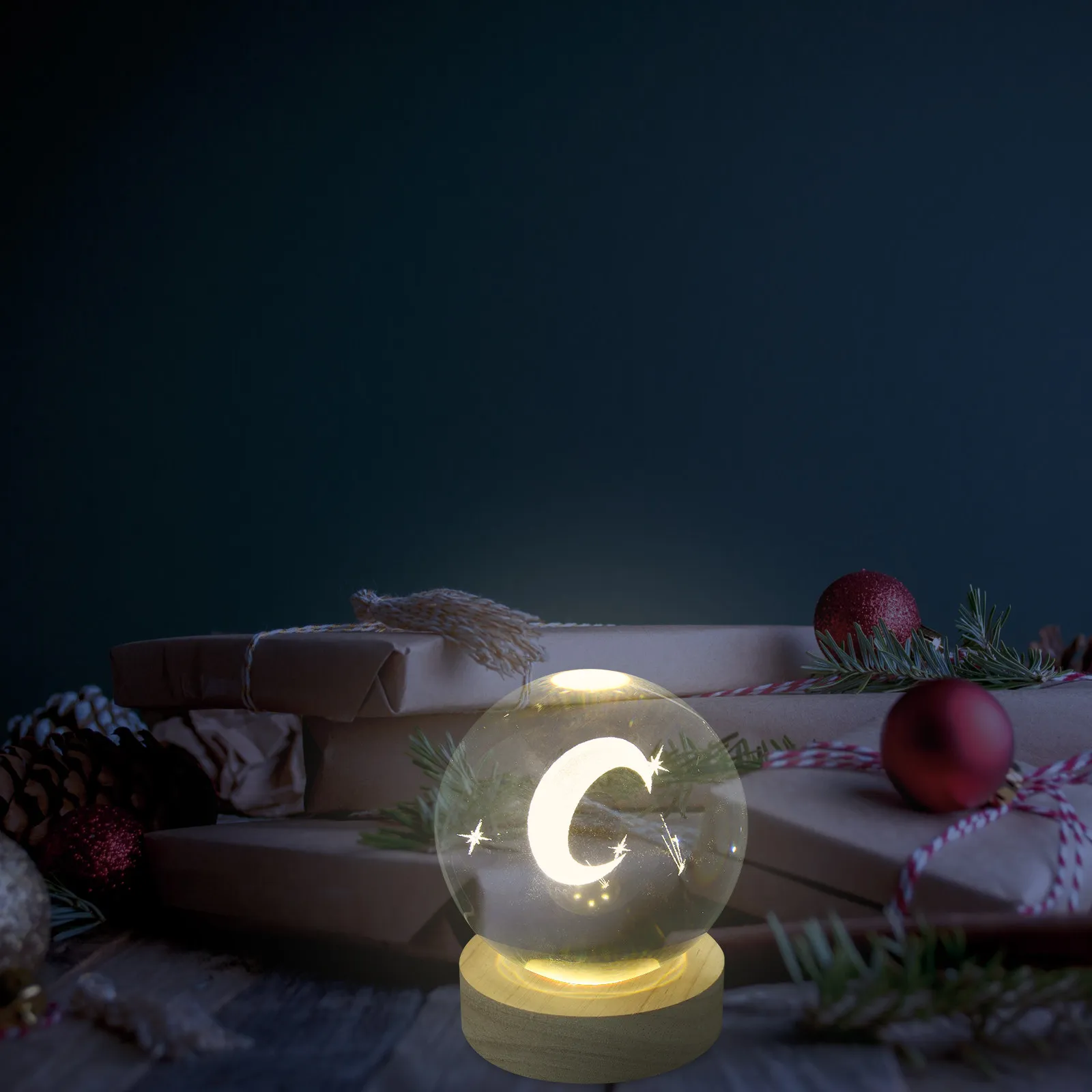 Moon Night Light Ball 3D Engraved Crystal Ball USB Powered Wooden Base Bedside Lamp Bedroom Decor LED Colorful Sphere Lamp Night