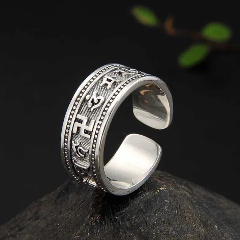 Vintage Six Character Mantra Ring Men Personality Imitation Thai Silver Open Ring Trend Cold Wind Style Men Single Ring