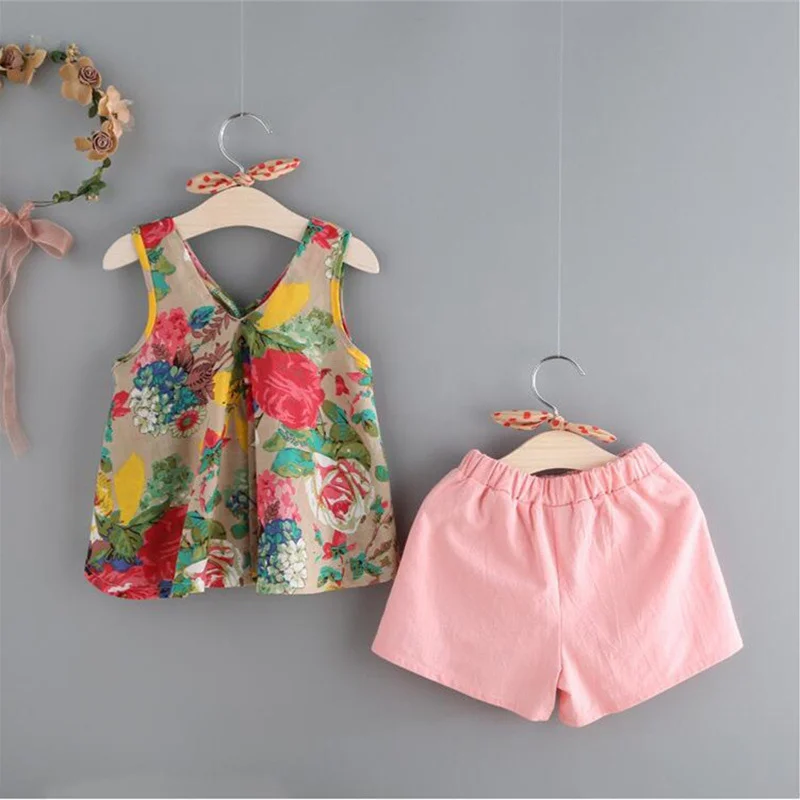 Fashion Girls Clothing Sets New Summer Sleeveless Cotton T-shirt+Pink Shorts 2pcs Suits Sweety Girl Clothes Sets