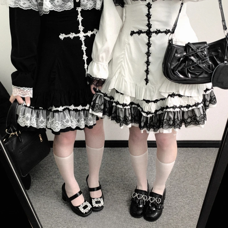 

Японские юбки Kawaii JK Lolita, женская кружевная плиссированная юбка с нашивкой, высокая талия, вышивка крестиком, Faldas Ruffl, юбка в стиле Харадзюку в стиле гранж