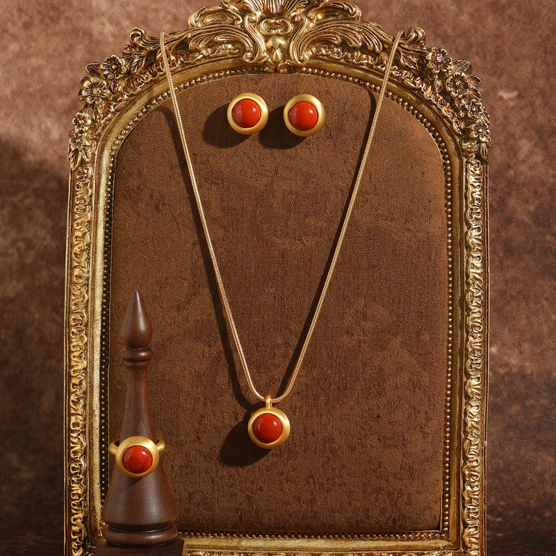 

Vintage Red Jewelry Sets Woman Round Pendant Necklace Stud Earrings Blue Ring Elegant 2026 New Party Quality Luxury Designer