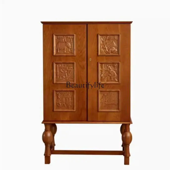 

Medieval style modern solid wood double door carved dining side cabinet retro style cherry wood locker