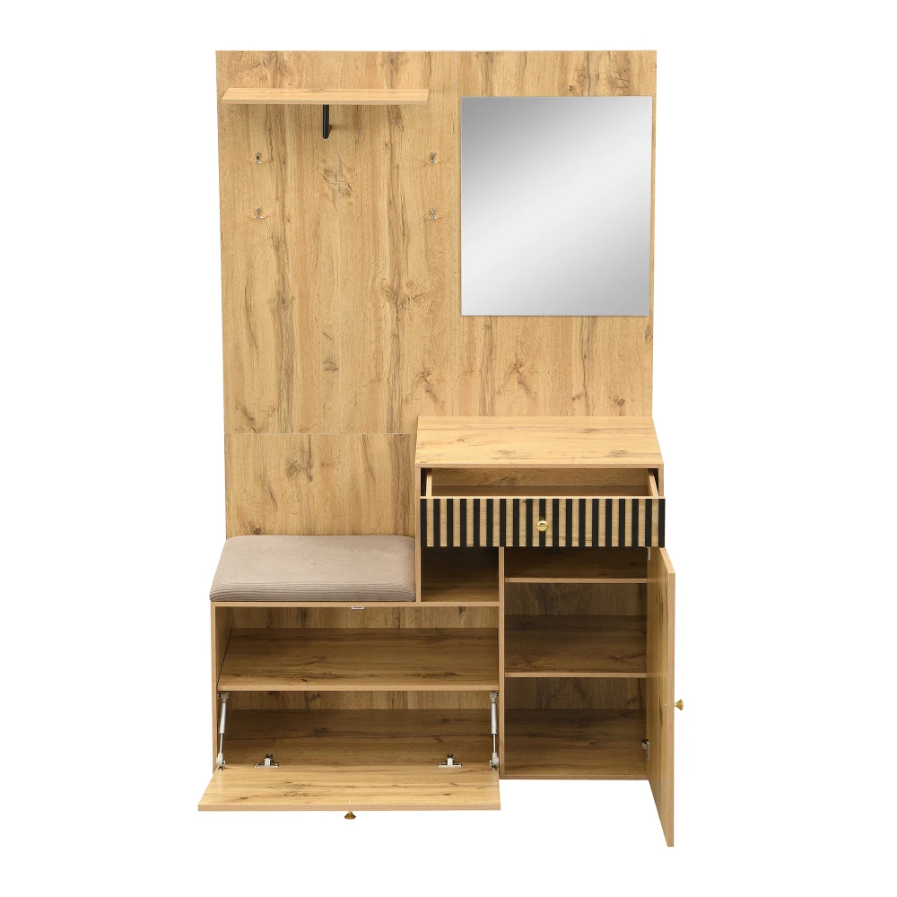 PINGGO Kompaktes Garderoben-Set mit Spiegel und Kissen, Flur-Wandregal, Garderobenpaneele, Schuhschrank für Flur-Aufbewahrung – Detail 16