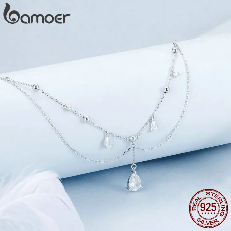 Bamoer 925 Sterling Silver White Gold Plated Sun and Moon Necklace Energy Pendant Neck Chain for Women Party Fine Jewelry Gift