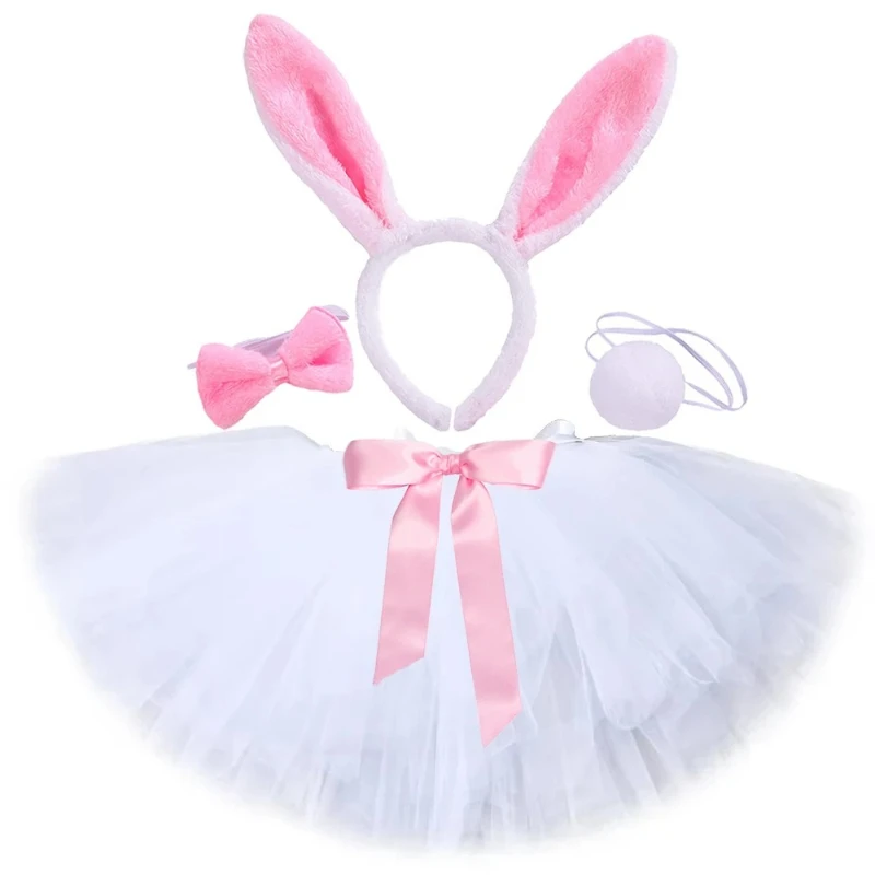 Girls' Easter Holiday Outfit, Plush Bunny Styled Ballet Tulle Tutu Skirt, Pink And White Bunny Mini Skirt, Kids' Dress For Party