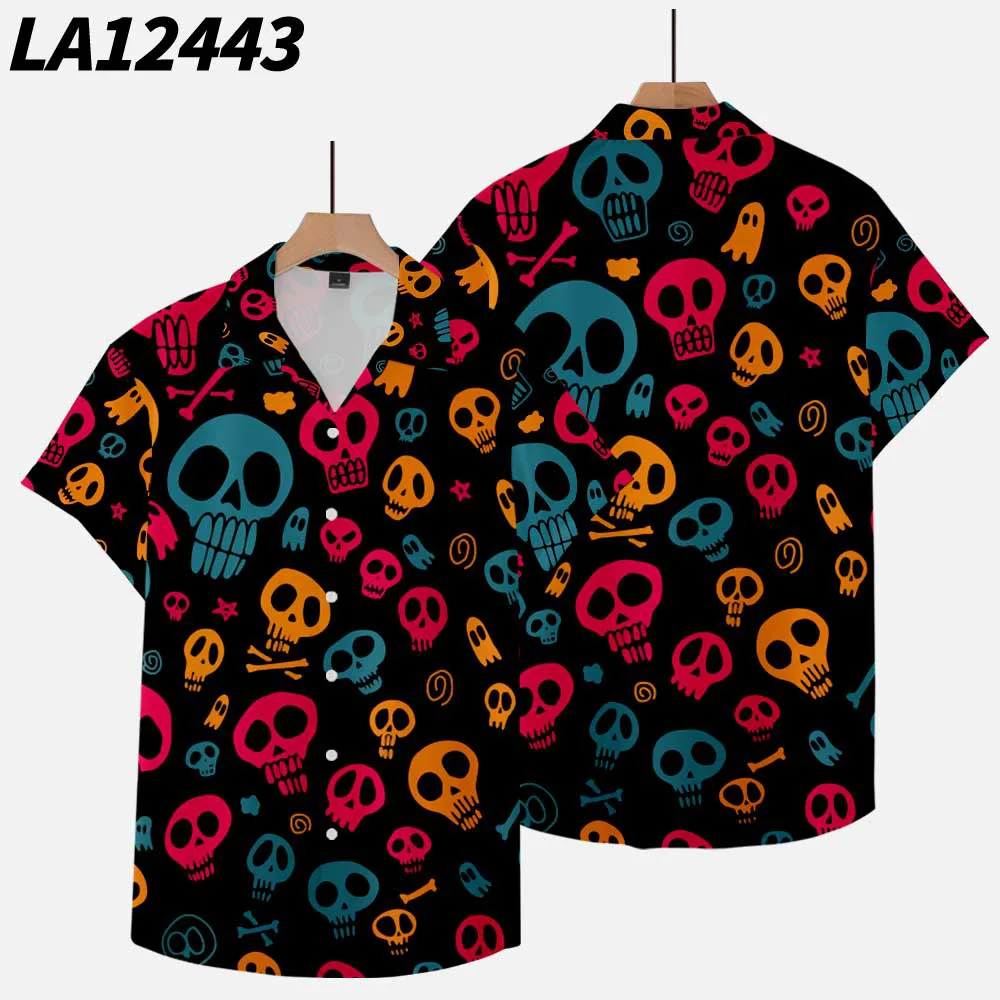 2024 Heren Zomer Casual Korte Mouwen Shirts Halloween Skull 3d Print Hiphop Shirts Plus Size