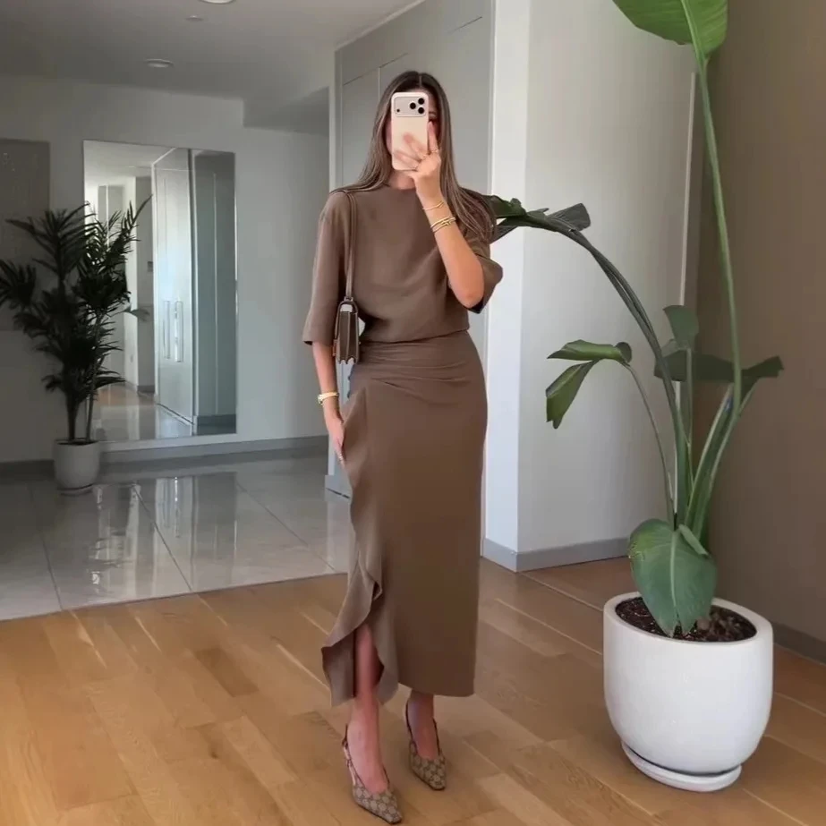 

2026 Spring Summer New Fashion Elegant Pure Color Short Sleeve Ruffle Side Slit Midi Dress Women