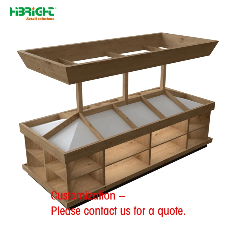 custom.Highbright Heavy Duty Double-Sided Wood & Metal Display Shelf with Customizable Size Supermarket Grocery Produce Disp