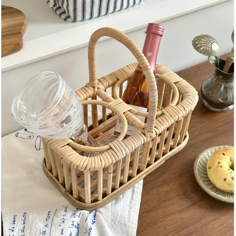 Ins Korean Storage Box Natural Rattan Weaving Handle Basket Double Grid Design Red Wine Track Exquisite Versatile Home Supplies