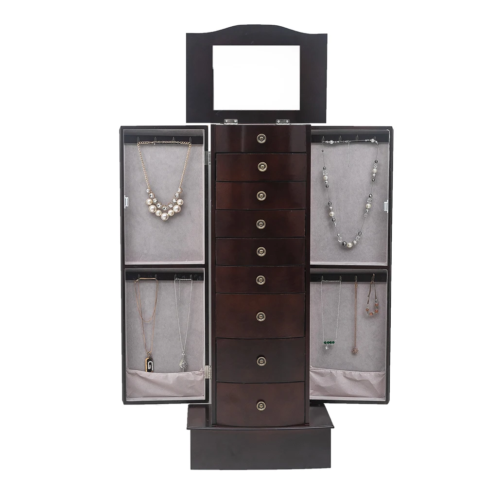 Jewelry Cabinet Box Storage Chest Necklace Wood Walnut Stand Organizer, Rust-Proof Aluminum Frame, Quick Install, Modern Design