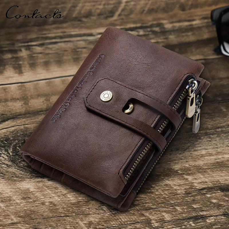 CONTACT\'S Genuine Leather Men Wallet Short Bifold Casual Men\'s Wallet Zipper Coin Purses Card Holder Money Clip Men Wallet