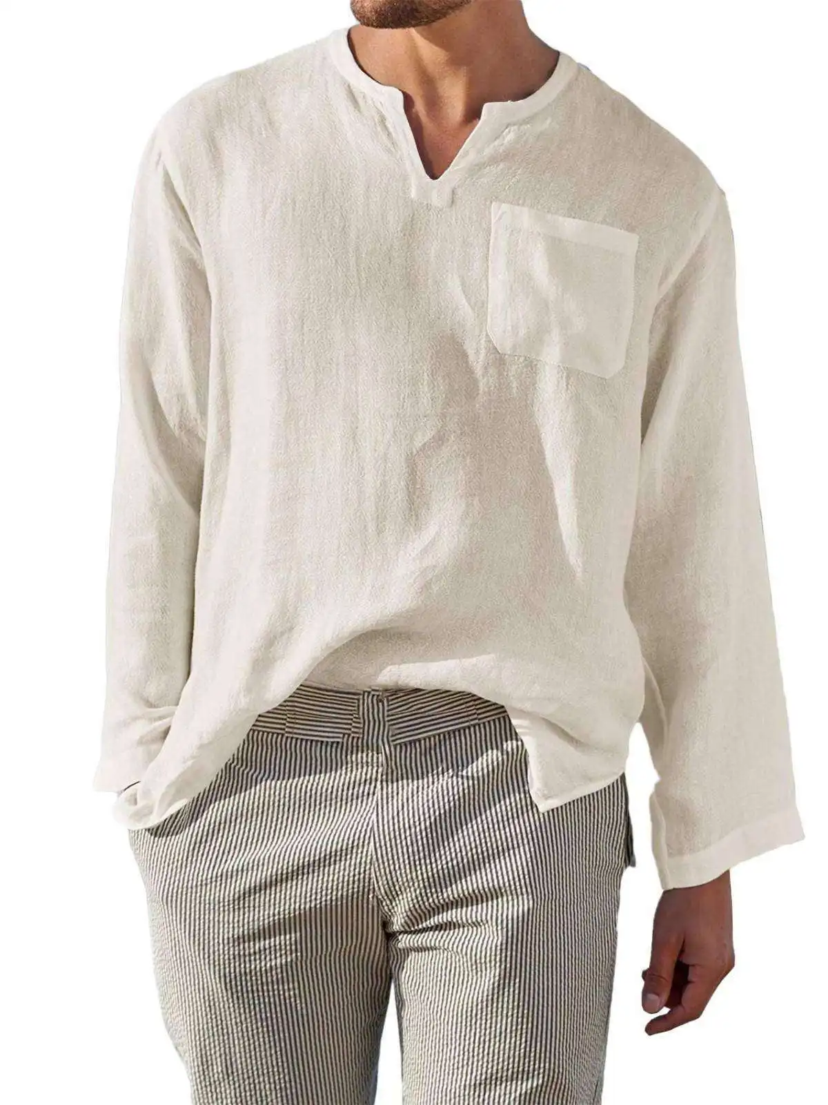 

Men's V-Ne Casual Beach Linen irt Ultra Slim Fit Long Sve PU Leather Inner Youthful Sle Four Seasons Versatile
