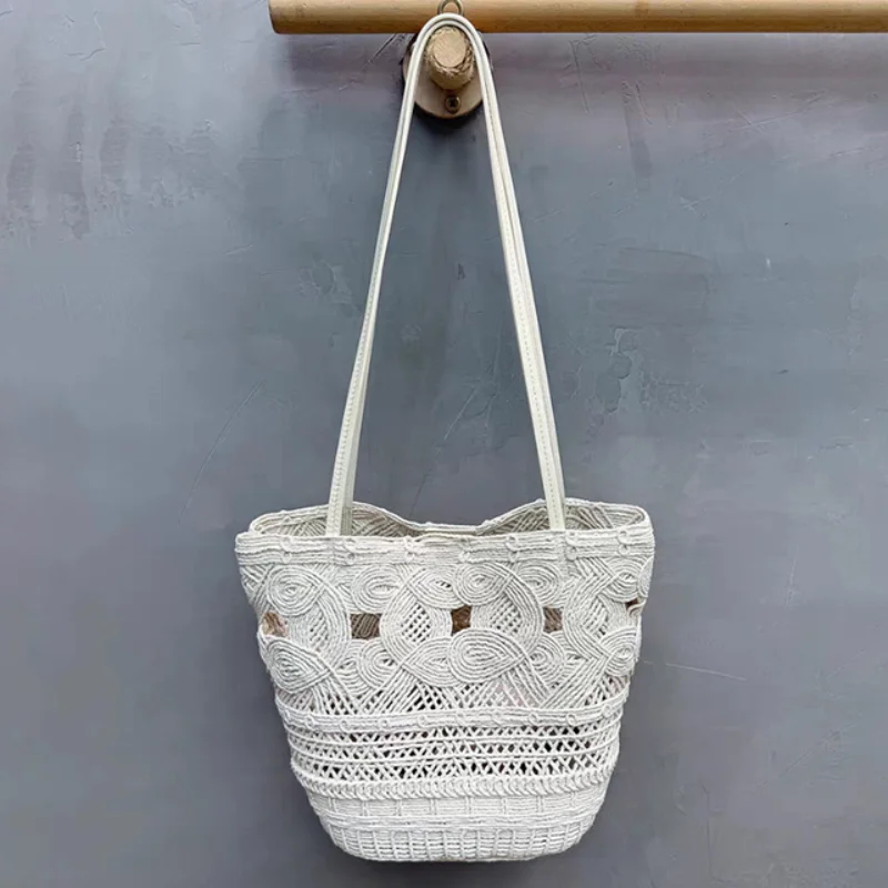 

Jacquard Woven Bucket Bag Handwoven Hollow Out Crochet Handbag Summer Vacation Shoulder Bag Women Casual Underarm Bag
