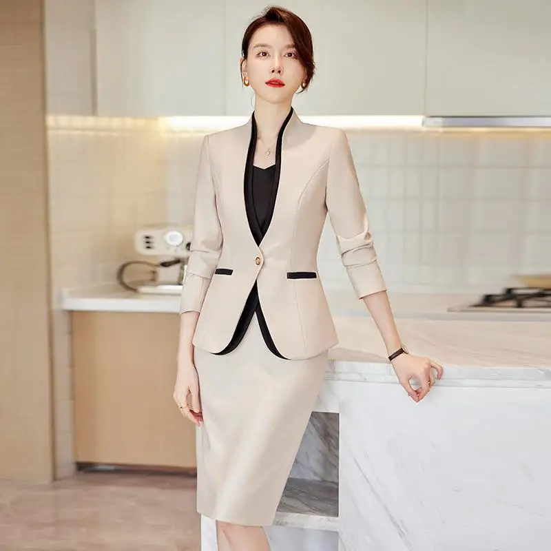 3-G17 Apricot suit skirt women autumn and winter formal professional suit high-endwy store beauty salon front desk medical beaut