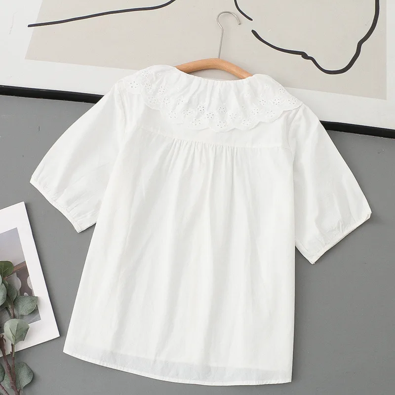 New Spring Cotton Sweet Shirt Women Short Sleeve Lace Plaid Literature Tops Girl Retro Loose Simple Blouses 2024 Summer T454106Q