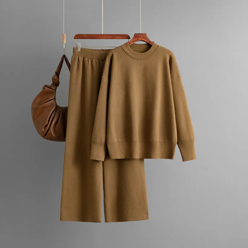 Set Rajutan Wanita Sweter Longgar Ne Bulat Celana Kaki Lebar Set Dua Potong Ansambel Musim Gugur Musim Dingin Faion Kasual