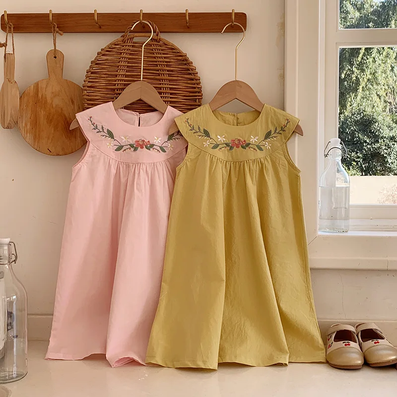 

Платье без рукавов для девочек с французской цветочной вышивкой, новинка лета 202, детский жилет, милое платье принцессы, корейская версия